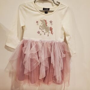 Zunie Girls 4t White Bodice Unicorn Dress with Dusty Rose Tulle Skirt